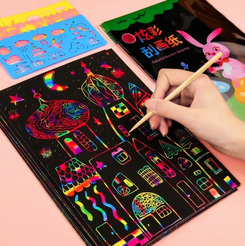 DIY Magic Rainbow Color Scratch Art Paper Card Set With Graffiti Stencil Drawing Board Stick Art Painting Educational Toys Gifts - Fenomenologia Shop