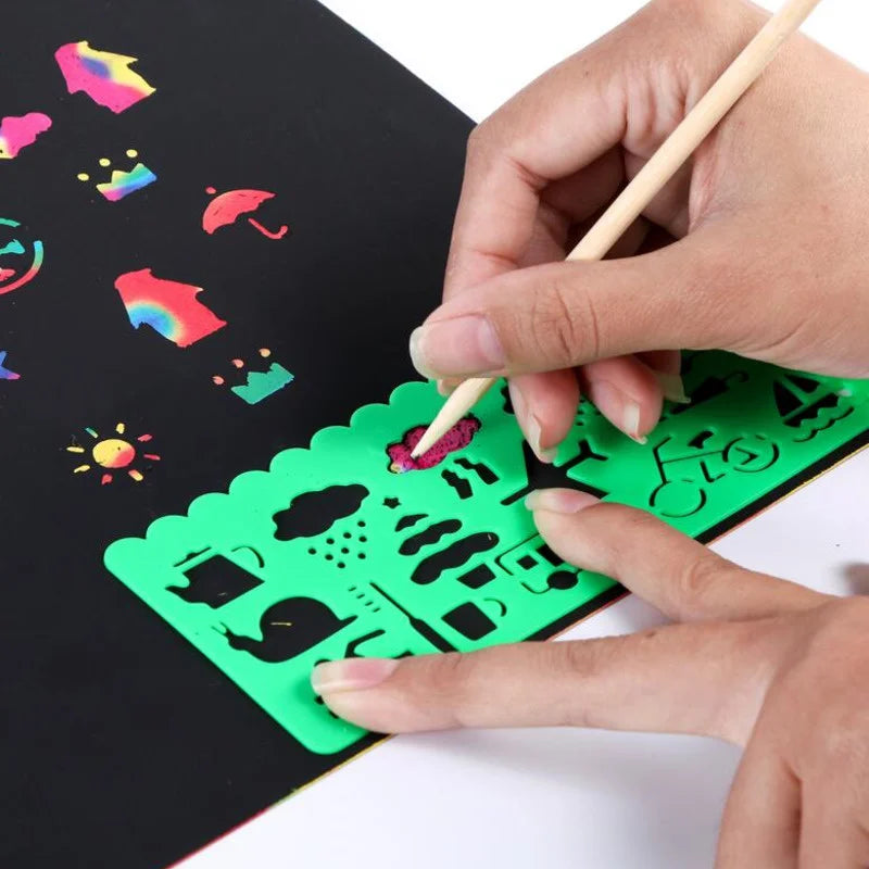 DIY Magic Rainbow Color Scratch Art Paper Card Set With Graffiti Stencil Drawing Board Stick Art Painting Educational Toys Gifts - Fenomenologia Shop