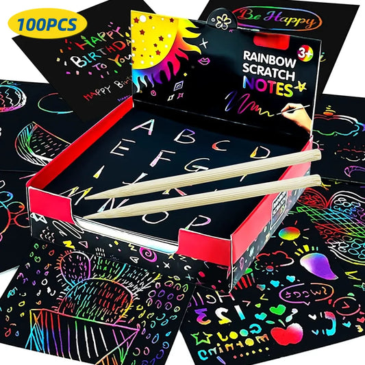 100PCS Rainbow Scratch Mini Notes Paper Pad Cards With Drawing Stencil Children Kids DIY Draw Painting Educational Toys Gifts - Fenomenologia Shop