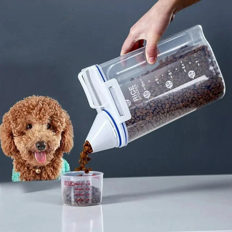 Pet Food Storage Container with Measuring Cup Handle Airtight Waterproof Pet Food Storage Dispenser Portable Buckets Feeder