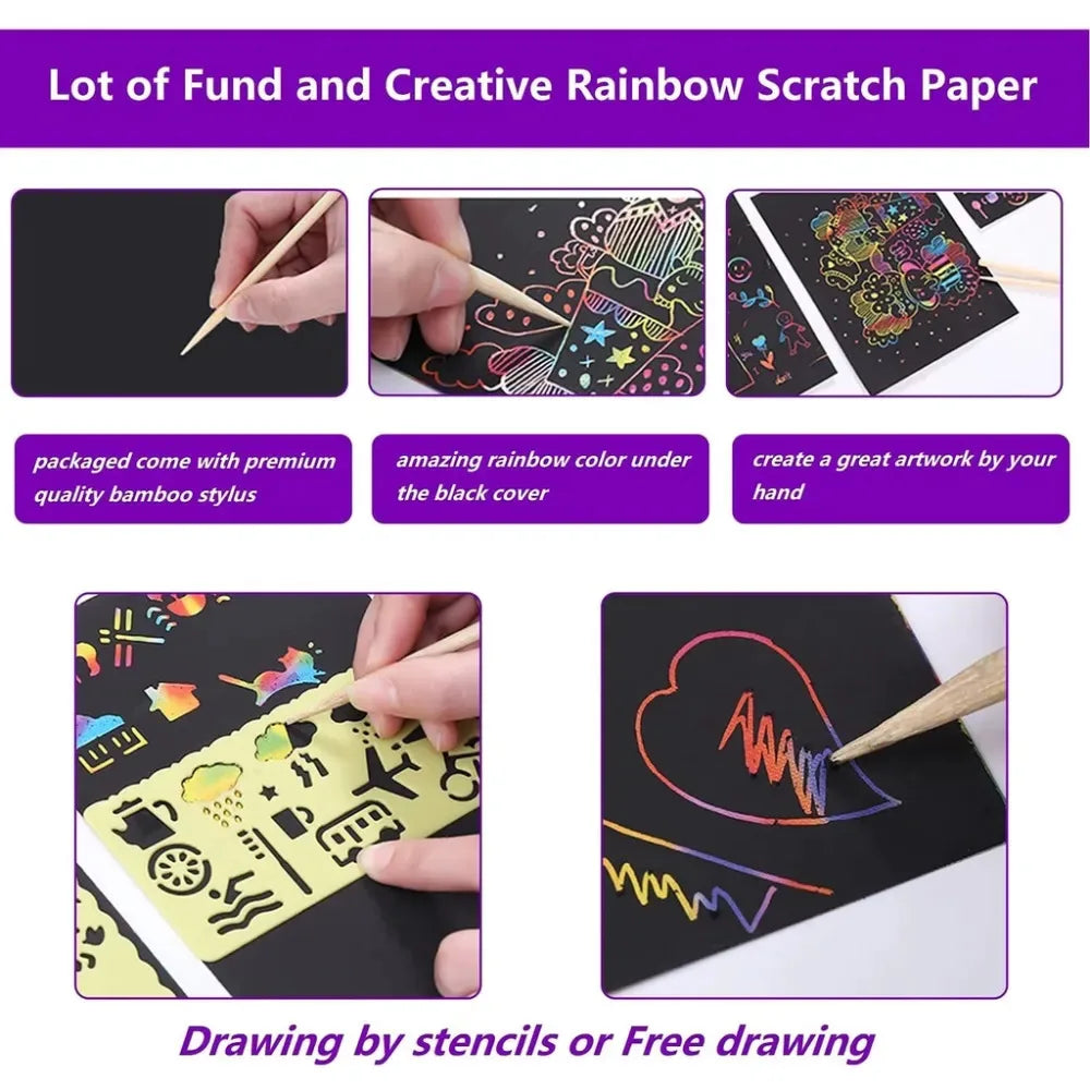 100PCS Rainbow Scratch Mini Notes Paper Pad Cards With Drawing Stencil Children Kids DIY Draw Painting Educational Toys Gifts - Fenomenologia Shop